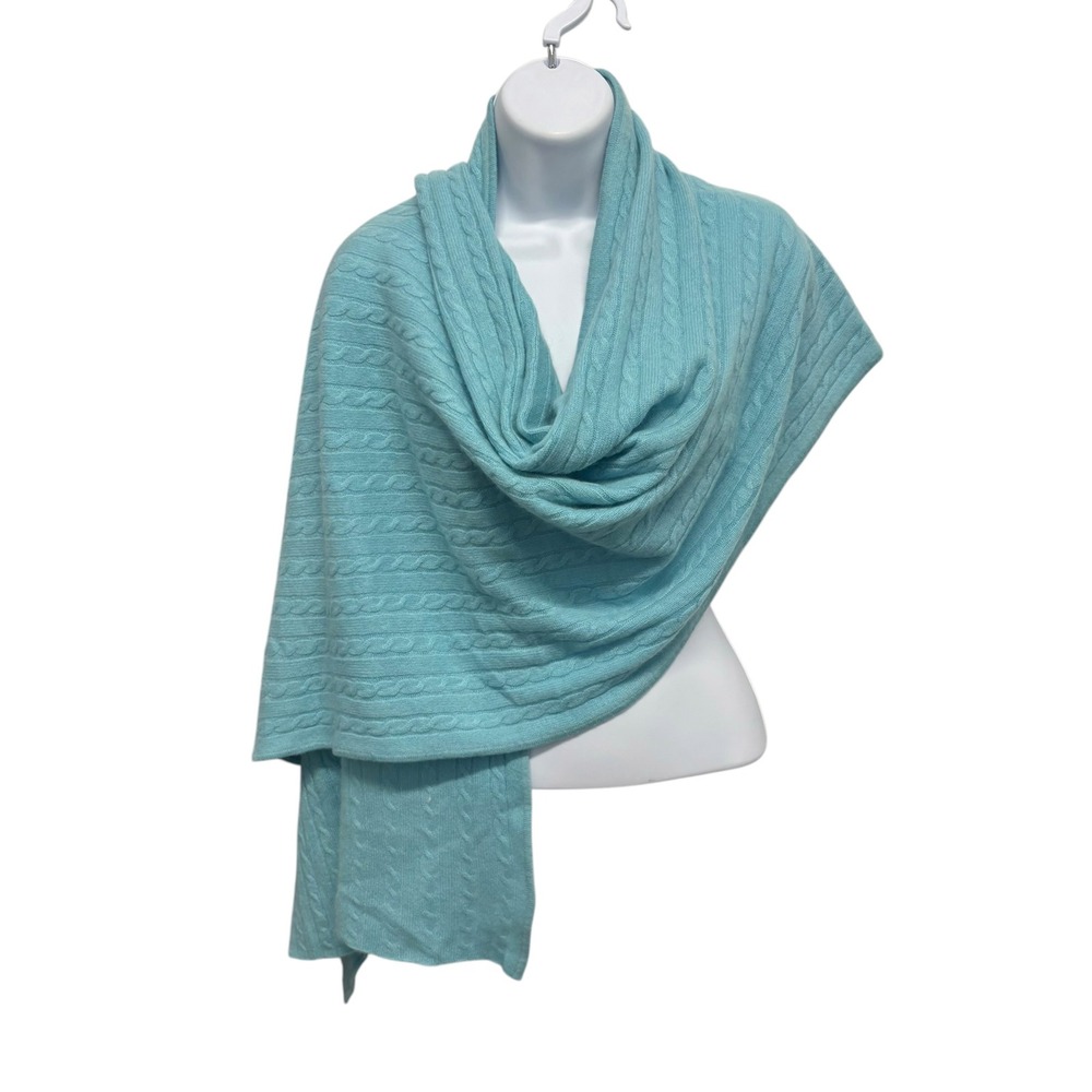 Precious Fibers 100% Cashmere Cable Knit Wrap Scarf Turquoise Blue Button Shawl